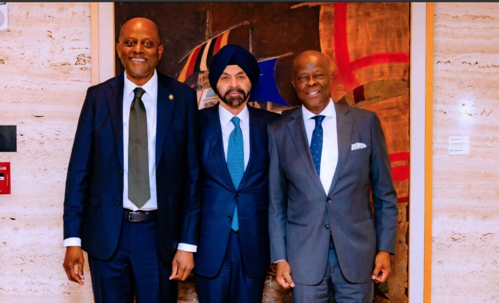 Left to right: Governor of the Central Bank of Nigeria, Olayemi Cardoso; President of the World Bank, Ajay Banga; and Nigeria’s Honourable Minister of Finance and Coordinating Minister of the Economy, Wale Edun, during a meeting between the Nigerian delegation and World Bank leadership at the 2026 IMF/World Bank Spring Meetings in Washington, D.C.